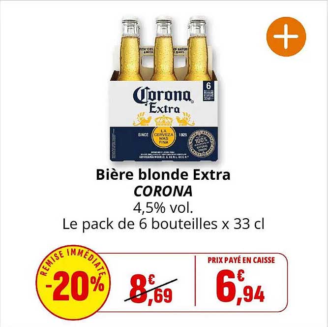 Bière blonde Extra CORONA 4,5% vol. Le pack de 6 bouteilles x 33 cl