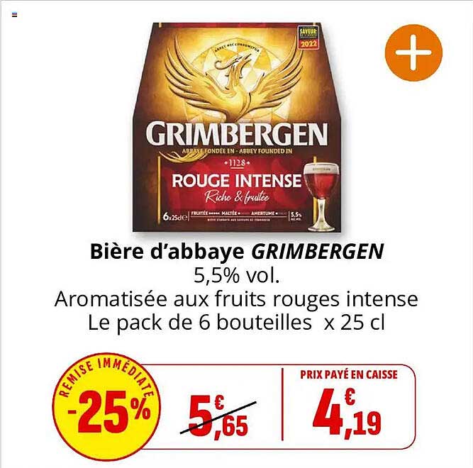 Bière d’abbaye GRIMBERGEN 5,5% vol. Aromatisée aux fruits rouges intense Le pack de 6 bouteilles x 25 cl