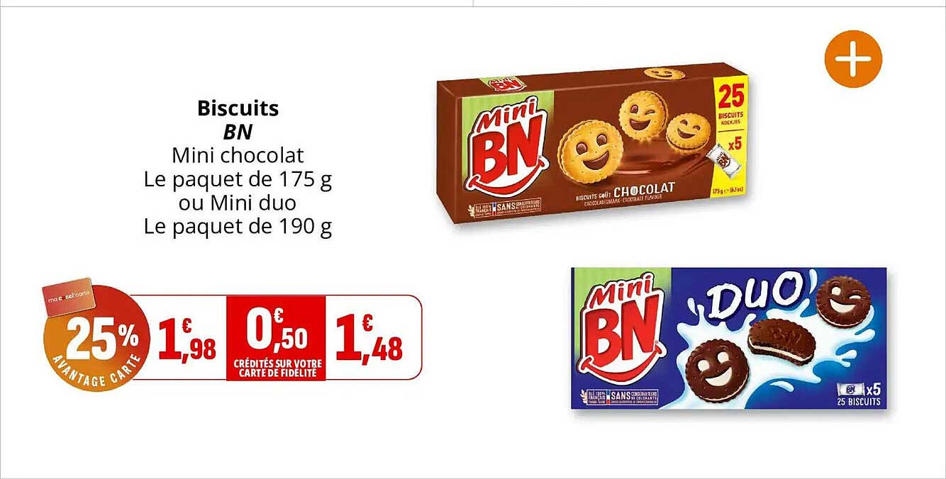 Biscuits BN Mini chocolat Le paquet de 175 g ou Mini duo Le paquet de 190 g