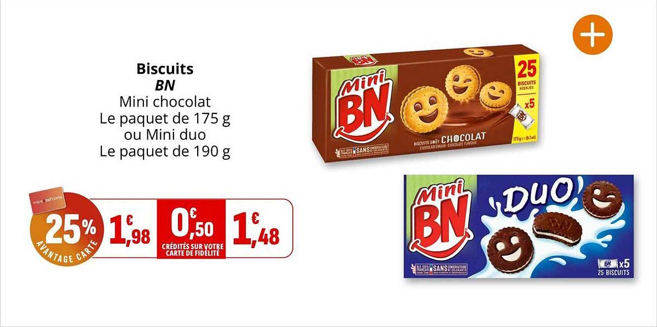 Biscuits BN Mini chocolat Le paquet de 175 g ou Mini duo Le paquet de 190 g