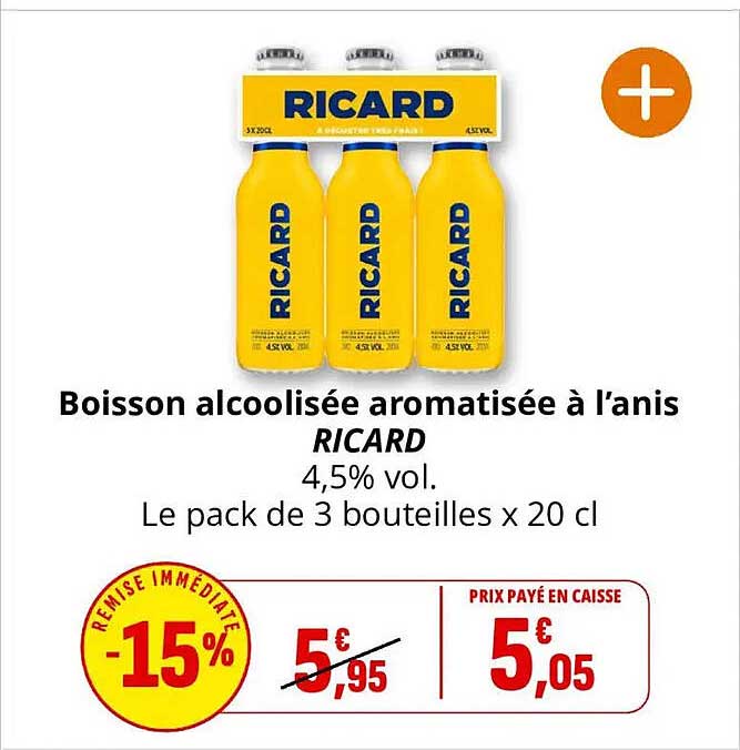 Boisson alcoolisée aromatisée à l’anis RICARD 4,5% vol. Le pack de 3 bouteilles x 20 cl
