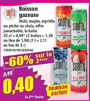 Boisson gazeuse litchi, mojito, myrtille ou pêche au choix, offre panachable, la boîte 33 cl = 0,99* (2 boîtes au lieu de 1,98) (1 l = 2,11 au lieu de 3,-)