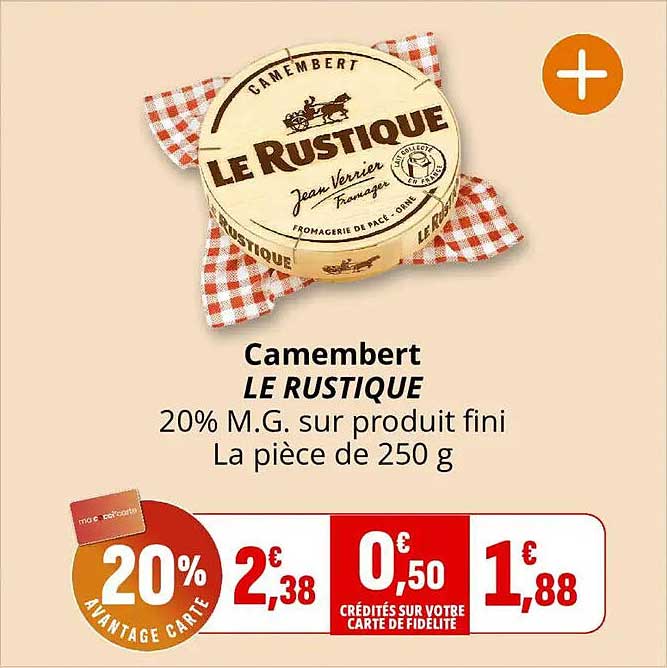 Camembert LE RUSTIQUE 20% M.G. sur produit fini La pièce de 250 g