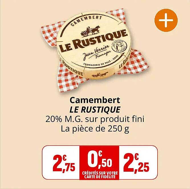 Camembert LE RUSTIQUE 20% M.G. sur produit fini La pièce de 250 g