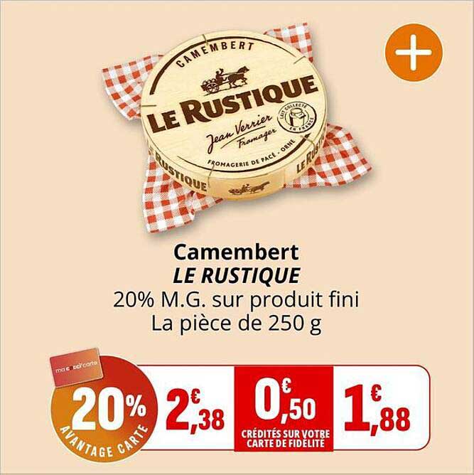 Camembert LE RUSTIQUE 20% M.G. sur produit fini La pièce de 250 g