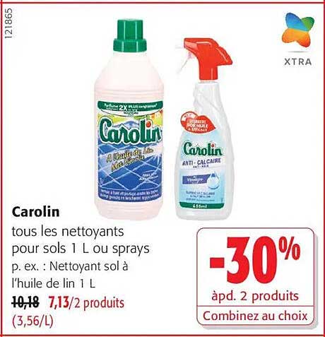 Carolin tous les nettoyants pour sols 1 L ou sprays p. ex. : Nettoyant sol à l'huile de lin 1 L