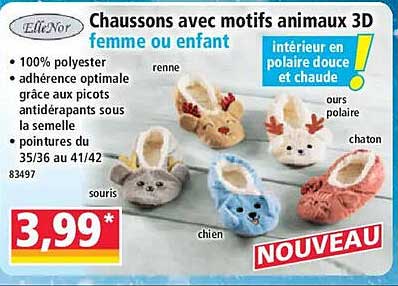 Chaussons avec motifs animaux 3D femme ou enfant