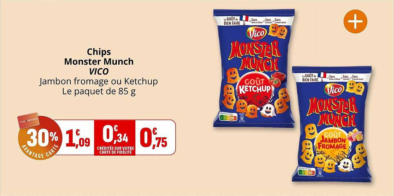 Chips Monster Munch VICO Jambon fromage ou Ketchup Le paquet de 85 g
