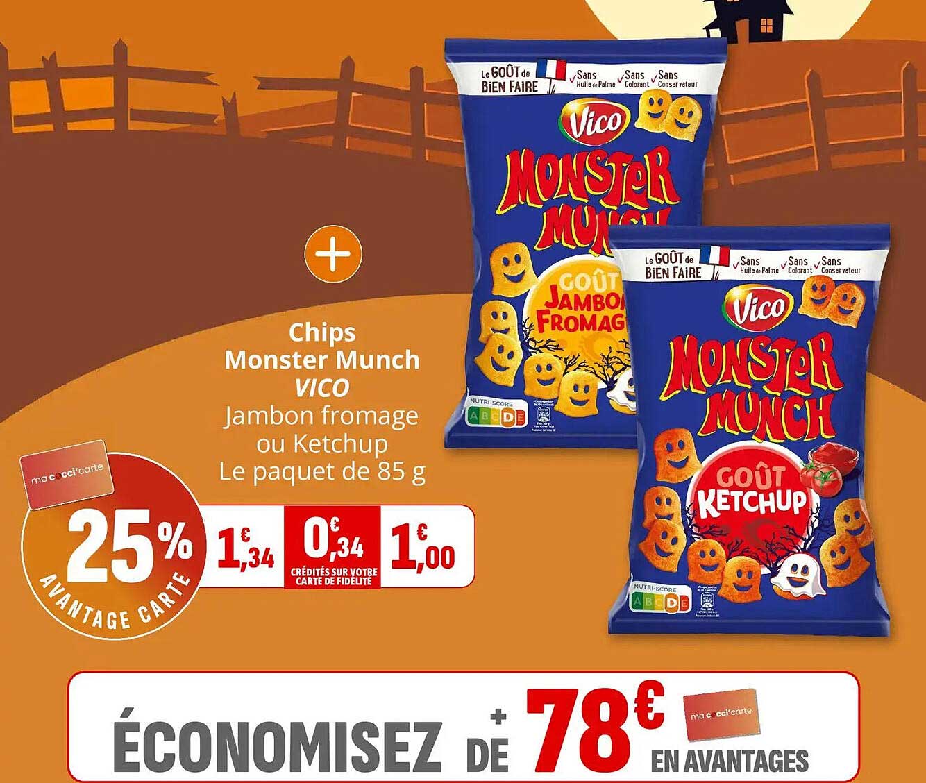 Chips Monster Munch VICO Jambon fromage ou Ketchup Le paquet de 85 g