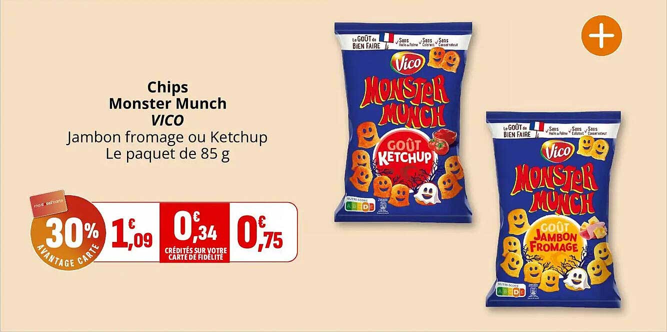 Chips Monster Munch VICO Jambon fromage ou Ketchup Le paquet de 85 g
