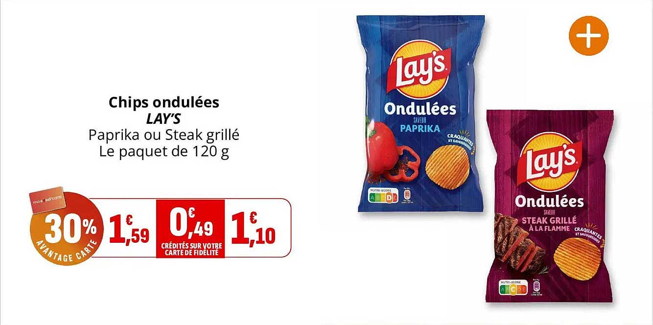 Chips ondulées LAY'S Paprika ou Steak grillé Le paquet de 120 g