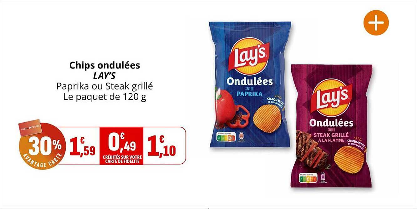 Chips ondulées LAY'S Paprika ou Steak grillé Le paquet de 120 g