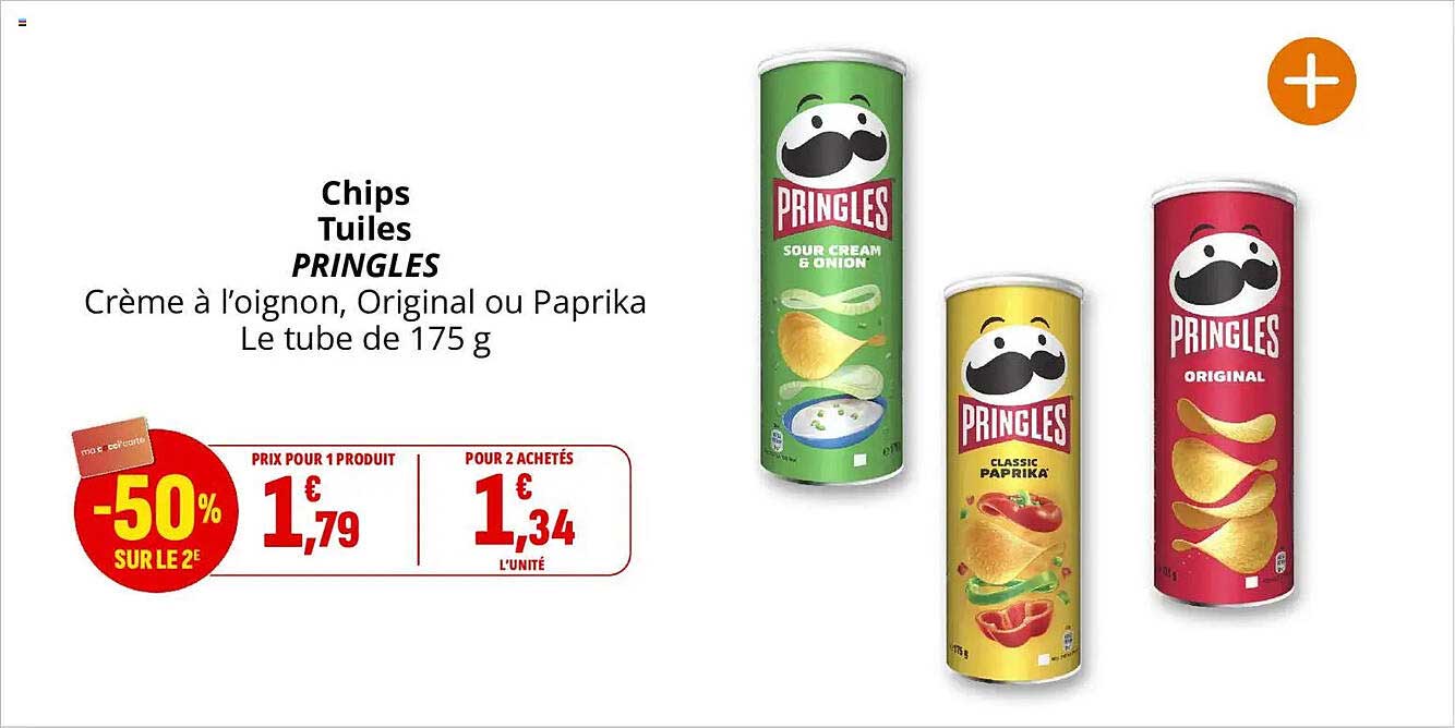 Chips Tuiles PRINGLES Crème à l’oignon, Original ou Paprika Le tube de 175 g