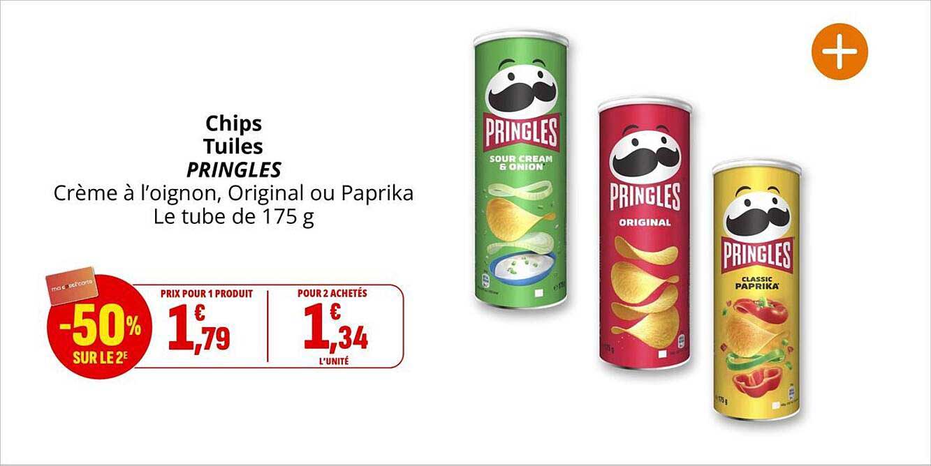 Chips Tuiles PRINGLES Crème à l’oignon, Original ou Paprika Le tube de 175 g