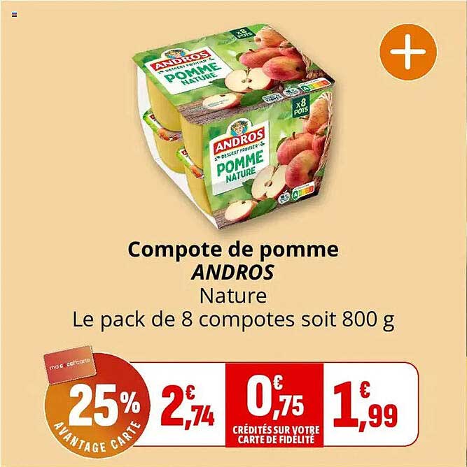 Compote de pomme ANDROS Nature Le pack de 8 compotes soit 800 g