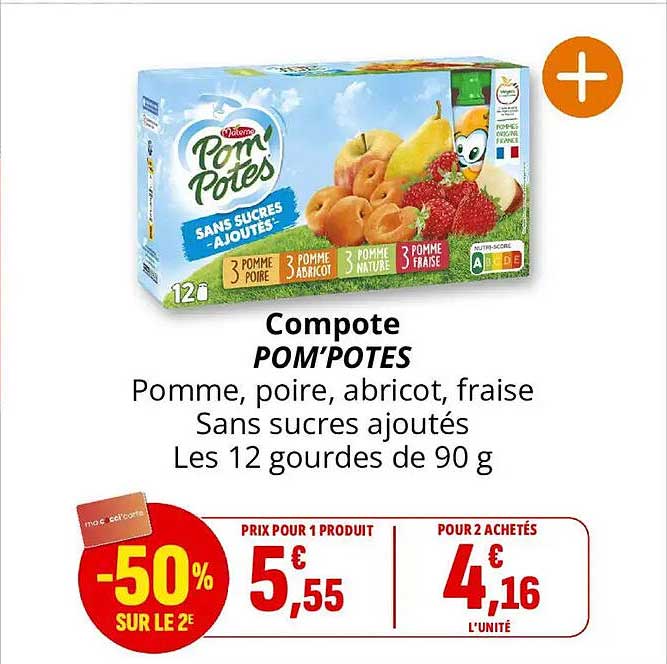 Compote POM’POTES Pomme, poire, abricot, fraise Sans sucres ajoutés Les 12 gourdes de 90 g
