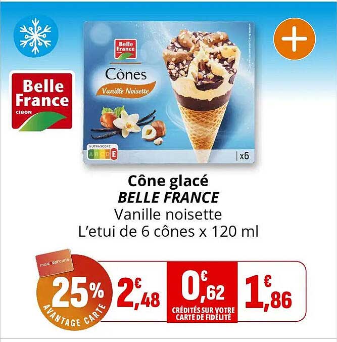 Cône glacé BELLE FRANCE Vanille noisette L'etui de 6 cônes x 120 ml