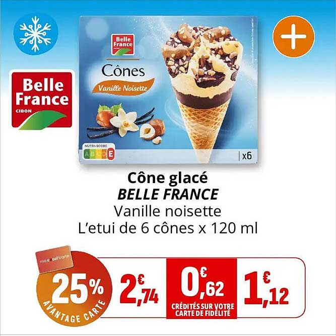 Cône glacé BELLE FRANCE Vanille noisette L'etui de 6 cônes x 120 ml
