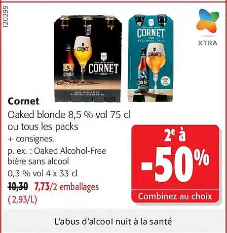 Cornet Oaked blonde 8,5 % vol 75 cl ou tous les packs + consignes. p. ex. : Oaked Alcohol-Free bière sans alcool 0,3 % vol 4 x 33 cl