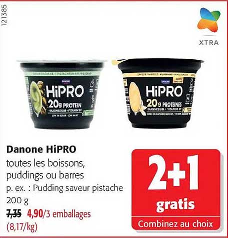 Danone HiPRO toutes les boissons, puddings ou barres p. ex. : Pudding saveur pistache 200 g