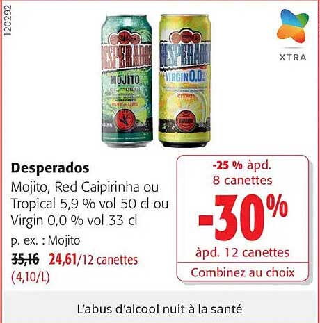 Desperados Mojito, Red Caipirinha ou Tropical 5,9 % vol 50 cl ou Virgin 0,0 % vol 33 cl