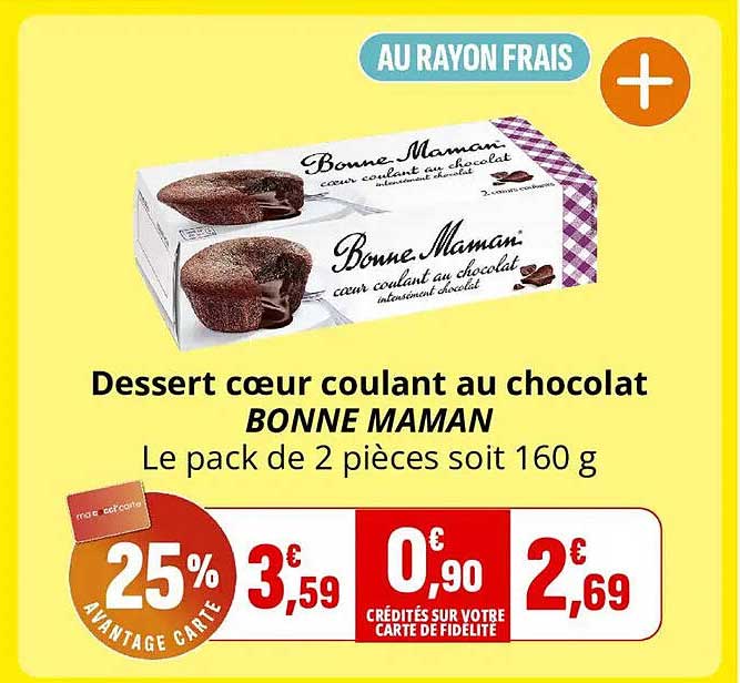 Dessert cœur coulant au chocolat BONNE MAMAN Le pack de 2 pièces soit 160 g