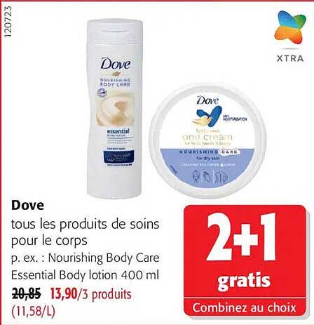 Dove tous les produits de soins pour le corps p. ex. : Nourishing Body Care Essential Body lotion 400 ml