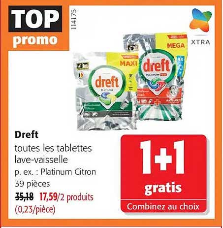 Dreft toutes les tablettes lave-vaisselle p. ex. : Platinum Citron 39 pièces 1+1 gratis Combinez au choix