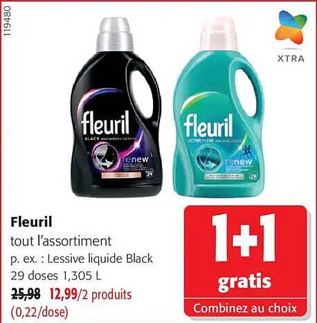 Fleuril tout l’assortiment p. ex.: Lessive liquide Black 29 doses 1,305 L