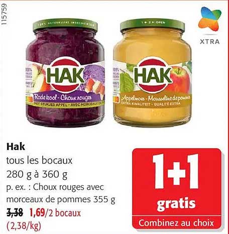 Hak tous les bocaux 280 g à 360 g p. ex. : Choux rouges avec morceaux de pommes 355 g