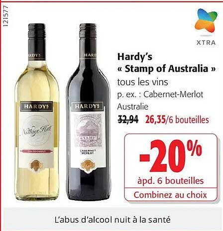 Hardy’s « Stamp of Australia » tous les vins p. ex. : Cabernet-Merlot Australie