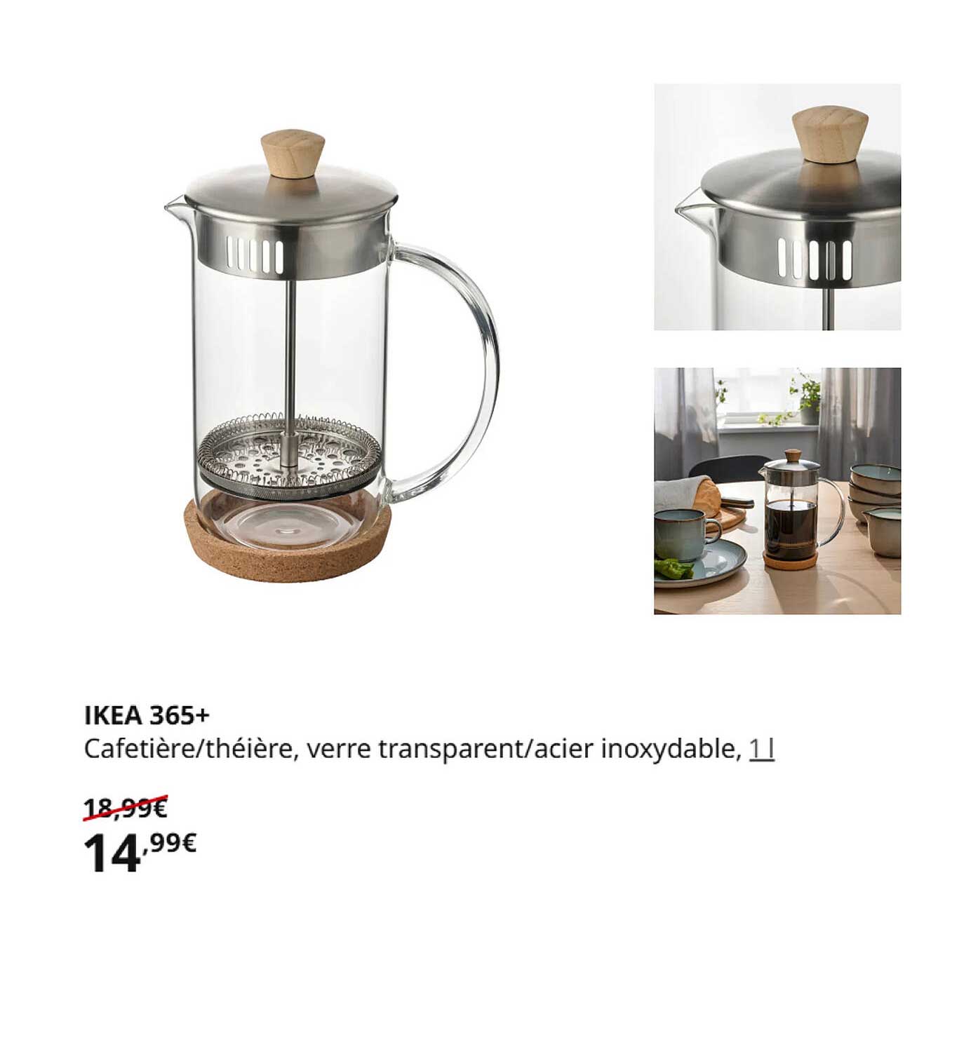 IKEA 365+ Cafetière/théière, verre transparent/acier inoxydable, 1l