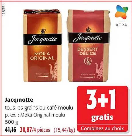 Jacqmotte tous les grains ou café moulu p. ex. : Moka Original moulu 500 g 3+1 gratis Combinez au choix