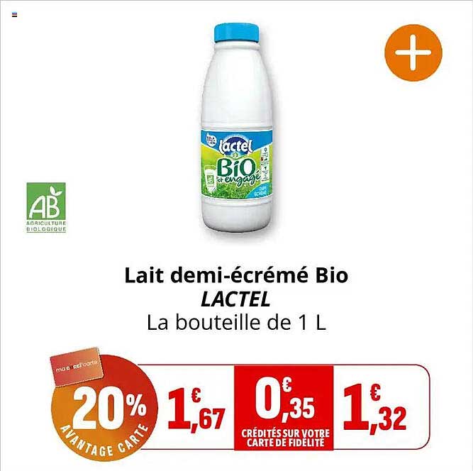 Lait demi-écrémé Bio LACTEL La bouteille de 1 L