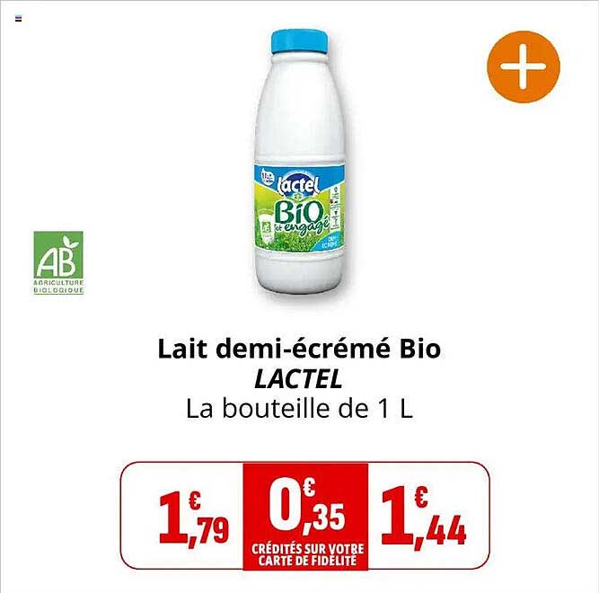 Lait demi-écrémé Bio LACTEL La bouteille de 1 L
