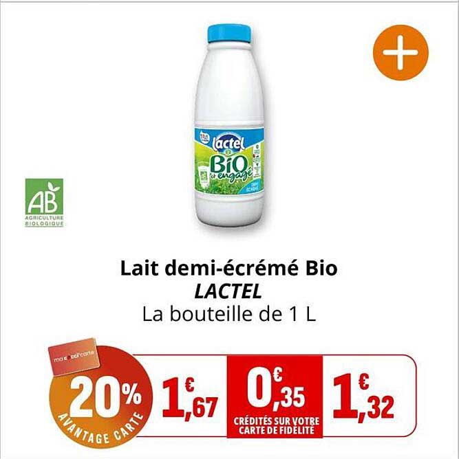 Lait demi-écrémé Bio LACTEL La bouteille de 1 L