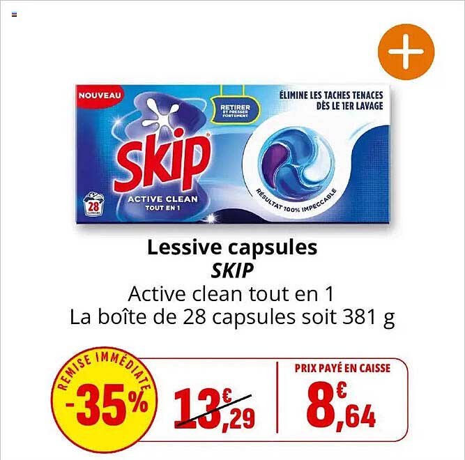 Lessive capsules SKIP Active clean tout en 1 La boîte de 28 capsules soit 381 g