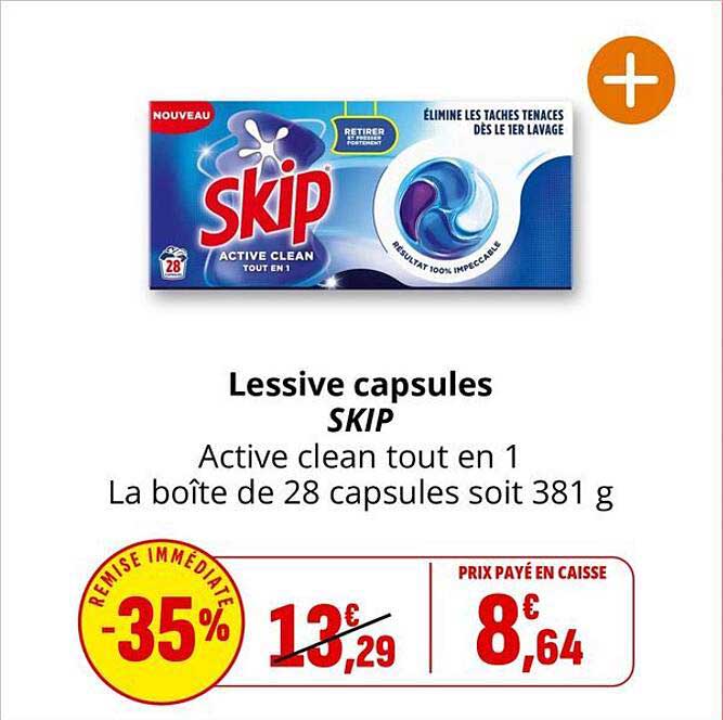 Lessive capsules SKIP Active clean tout en 1 La boîte de 28 capsules soit 381 g