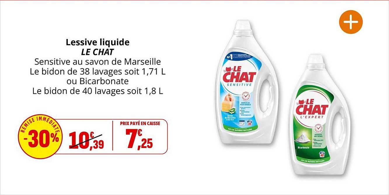 Lessive liquide LE CHAT Sensitive au savon de Marseille Le bidon de 38 lavages soit 1,71 L ou Bicarbonate Le bidon de 40 lavages soit 1,8 L
