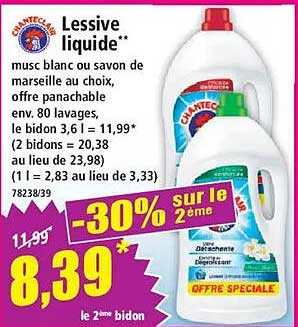 Lessive liquide** musc blanc au savon de marseille au choix, offre valable sur le 2ème bidon