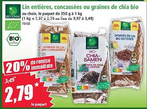 Lin entières, concassées ou graines de chia bio