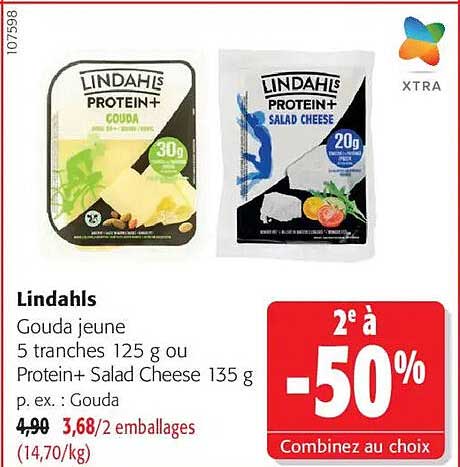Lindahls Gouda jeune 5 tranches 125 g ou Protein+ Salad Cheese 135 g p. ex. : Gouda