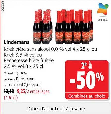 Lindemans Kriek biere sans alcool 0,0 % vol 4 x 25 cl ou Kriek 3,5 % vol ou Pecheresse bière fruitée 2,5 % vol 8 x 25 cl + consignes.