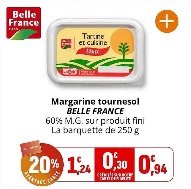Margarine tournesol BELLE FRANCE 60% M.G. sur produit fini La barquette de 250 g