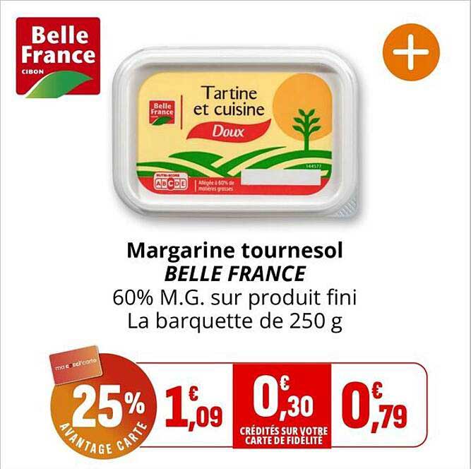Margarine tournesol BELLE FRANCE 60% M.G. sur produit fini La barquette de 250 g