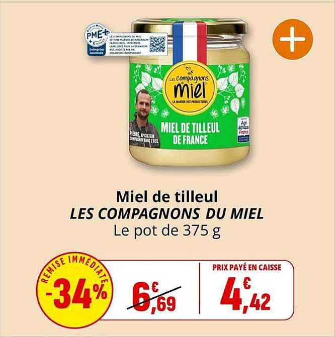 Miel de tilleul LES COMPAGNONS DU MIEL Le pot de 375 g