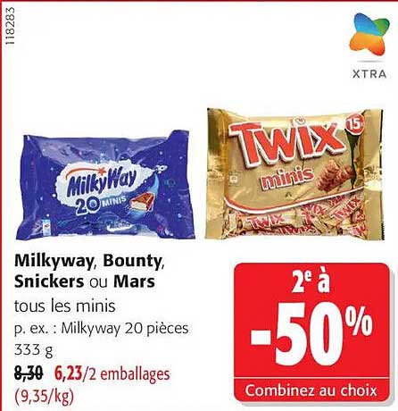 Milkyway, Bounty, Snickers ou Mars tous les minis p. ex. : Milkyway 20 pièces 333 g