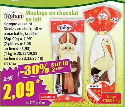 Moulage en chocolat au lait cigogne ou saint-Nicolas au choix, offre panachable, la pièce