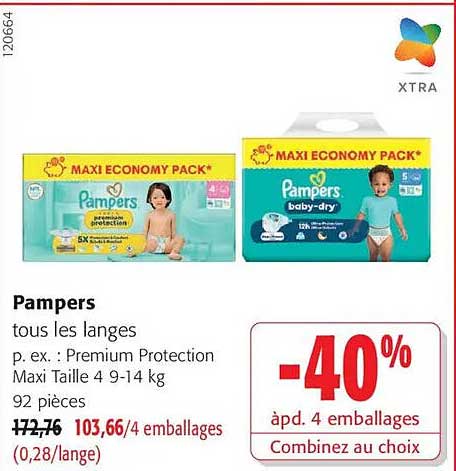 Pampers
tous les langes
p. ex. : Premium Protection Maxi Maxi 4 9-14 kg
92 pièces