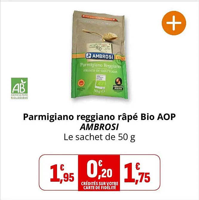 Parmigiano reggiano râpé Bio AOP AMBROSI Le sachet de 50 g